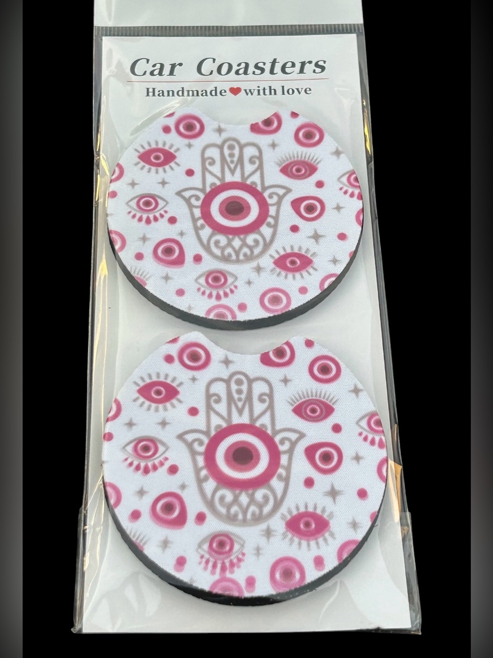 Handmade Pink Hamsa Eye Car Coasters - Set of 2